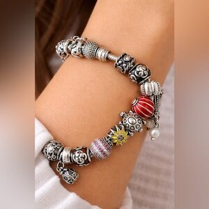 PANDORA Silver 16+ Charm Bracelet with Red Heart and Multicolor Accents